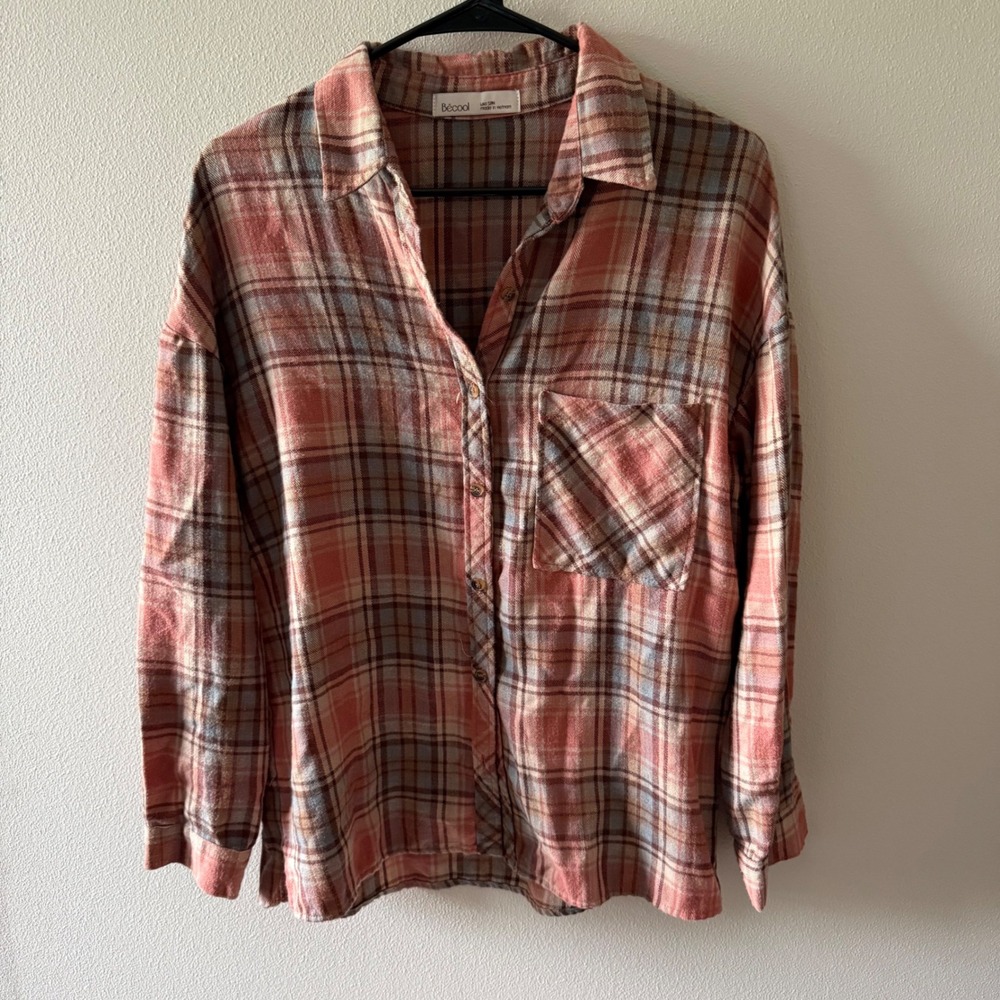 Becool multi colored long sleeve button down plaid shirt size S/M